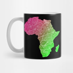 Colorful mandala art map of Africa with text in pink and green Mug